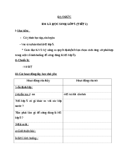 Giáo án đạo đức 5 Bài 1: Em là học sinh lớp 5 (tiết 2) mới nhất