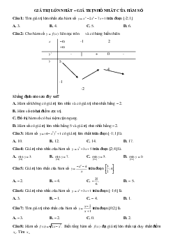 29 câu Trắc nghiệm Giá trị lớn nhất, giá trị nhỏ nhất của hàm số có đáp án 2023 – Toán 12