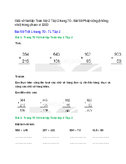 Vở bài tập Toán lớp 2 Tập 2 trang 70, 71, 72, 73 Bài 59: Phép cộng (không nhớ) trong phạm vi 1000 | Kết nối tri thức