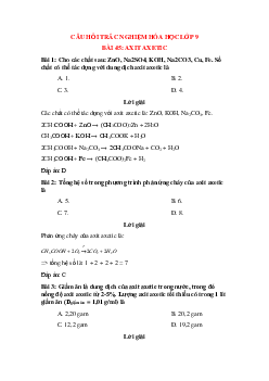 30 câu Trắc nghiệm Axit axetic có đáp án 2023 – Hóa học lớp 9