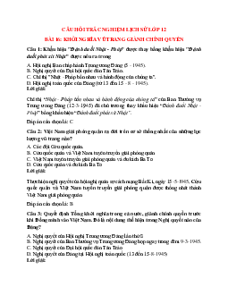 56 câu Trắc nghiệm Lịch sử 12 Bài 16 có đáp án 2023: Phong trào giải phóng dân tộc và tổng khởi nghĩa tháng Tám (1939-1945). Nước Việt Nam Dân chủ Cộng hòa ra đời - Phần 3