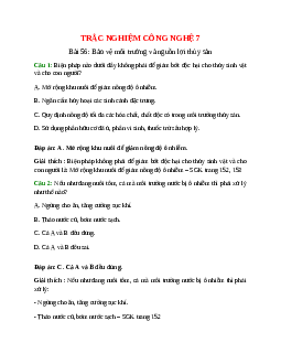 Trắc nghiệm Công nghệ 7 Bài 56 có đáp án: Bảo vệ môi trường và nguồn lợi thủy sản