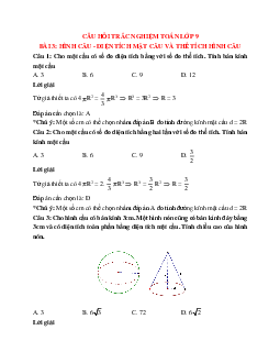 30 câu Trắc nghiệm Hình cầu - Diện tích mặt cầu và thể tích hình cầu có đáp án 2023 – Toán lớp 9