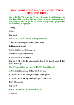 Trắc nghiệm Từ hán việt (tiếp theo) có đáp án – Ngữ văn lớp 7