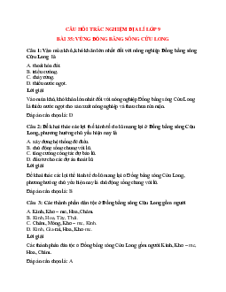25 câu Trắc nghiệm Địa lí 9 Bài 35 có đáp án 2023: Vùng Đồng bằng sông Cửu Long