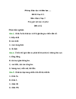 Đề thi Học kì 1 Địa Lí 7 có đáp án (4 đề)