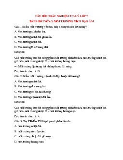 Trắc nghiệm Địa lí 7 Bài 5 có đáp án: Đới nóng. Môi trường xích đạo ẩm