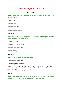 Trắc nghiệm Clo có đáp án - Hóa học 10