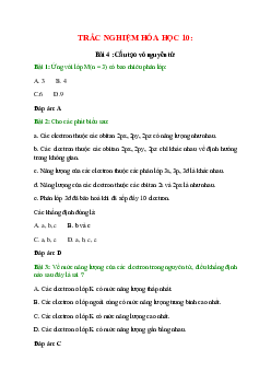 Trắc nghiệm Cấu tạo vỏ nguyên tử có đáp án - Hóa học 10