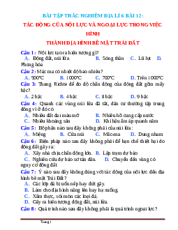 Bài tập trắc nghiệm Địa lý 6 Bài 12 năm 2024 có đáp án