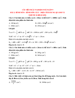 30 câu Trắc nghiệm Hình nón - Hình nón cụt - Diện tích xung quanh và thể tích hình nón cụt có đáp án 2023 – Toán lớp 9