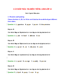 Trắc nghiệm Tiếng Anh 10 Unit 4 có đáp án: Special Education