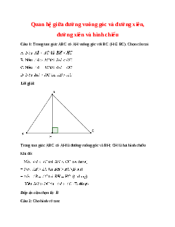 Trắc nghiệm Quan hệ giữa đường vuông góc và đường xiên đường xiên và hình chiếu có đáp án – Toán lớp 7