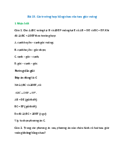 20 câu Trắc nghiệm Các trường hợp bằng nhau của tam giác vuông (Kết nối tri thức) có đáp án 2024 – Toán lớp 7