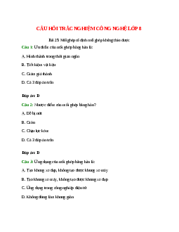 10 câu Trắc nghiệm Công nghệ 8 Bài 25 có đáp án 2023: Mối ghép cố định mối ghép không tháo được