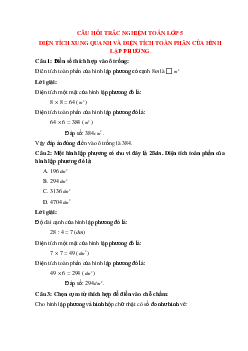 15 câu Trắc nghiệm Diện tích xung quanh, toàn phần của hình lập phương có đáp án 2024 – Toán lớp 5