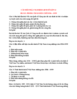 58 câu Trắc nghiệm Lịch sử 12 Bài 15 có đáp án 2023: Phong trào dân chủ 1936-1939