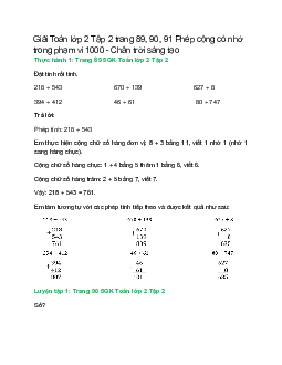 Giải SGK Toán lớp 2 Tập 2 trang 89, 90, 91: Phép cộng có nhớ trong phạm vi 1000 | Chân trời sáng tạo