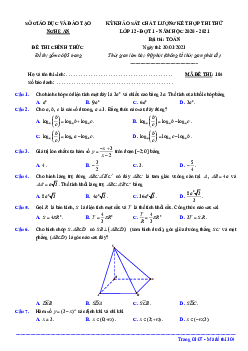 Đề khảo sát chất lượng Toán 12 đợt 1 năm 2020 – 2021 sở GD&ĐT Nghệ An có đáp án