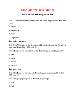 Trắc nghiệm Công nghệ 10 Bài 28 có đáp án: Nhu cầu dinh dưỡng của vật nuôi
