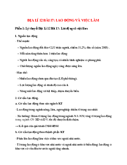 Lý thuyết Địa Lí 12 Bài 17 (mới 2023 + 36 câu trắc nghiệm): Lao động và việc làm