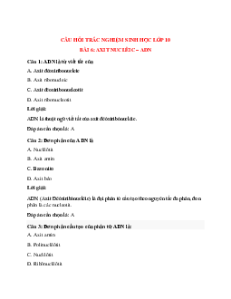 Trắc nghiệm Sinh học 10 Bài 6 có đáp án: Axit nuclêic - ADN