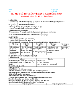 Giáo án Hình học 9 chương 1 bài 1: Một số hệ thức về cạnh và đường cao trong tam giác vuông (tiếp) mới nhất