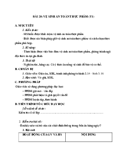 GIÁO ÁN CÔNG NGHỆ 6 BÀI 20: VỆ SINH AN TOÀN THỰC PHẨM (T1) MỚI NHẤT – CV5512