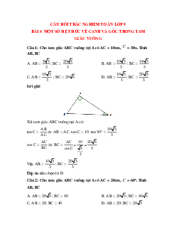 30 câu Trắc nghiệm Một số hệ thức về cạnh và góc trong tam giác vuông có đáp án 2023 – Toán lớp 9