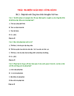25 câu Trắc nghiệm GDCD 8 Bài 21 có đáp án 2023: Pháp luật nước Cộng hòa xã hội chủ nghĩa Việt Nam
