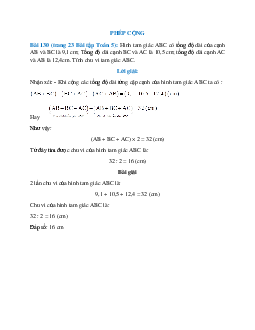 Hình tam giác ABC có tổng độ dài của cạnh AB và BC là 9,1 cm; Tổng độ dài cạnh BC và AC là 10,5 cm