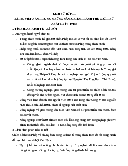 Lý thuyết Lịch sử 11: Bài 24:  Việt Nam trong những năm chiến tranh thế giới thứ nhất (1914 - 1918) mới nhất