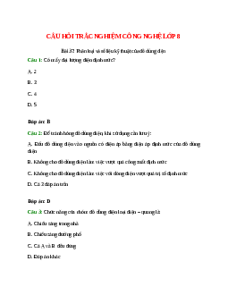10 câu Trắc nghiệm Công nghệ 8 Bài 37 có đáp án 2023: Phân loại và số liệu kỹ thuật của đồ dùng điện
