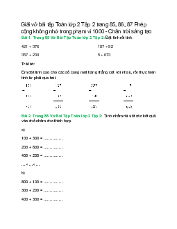 Vở bài tập Toán lớp 2 Tập 2 trang 85, 86, 87: Phép cộng không nhớ trong phạm vi 1000 | Chân trời sáng tạo