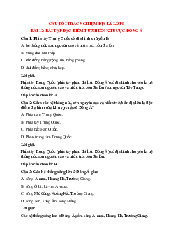 26 câu Trắc nghiệm Địa lí 8 Bài 12 có đáp án 2023: Đặc điểm tự nhiên khu vực Đông Á