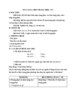 GIÁO ÁN CÔNG NGHỆ 6 BÀI 4:LỰA CHỌN TRANG PHỤC (T1) MỚI NHẤT – CV5512