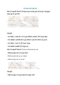 Toán lớp 4 trang 49 Góc nhọn, góc tù, góc bẹt