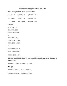 Toán lớp 5 trang 57 Nhân một số thập phân với 10, 100, 1000,…