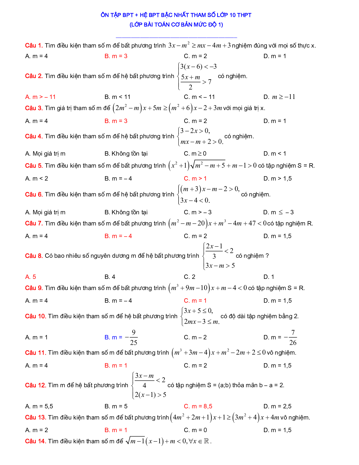 200 Bài tập Bất phương trình - Hệ bất phương trình 2023 có đáp án, chọn lọc (trang 1)