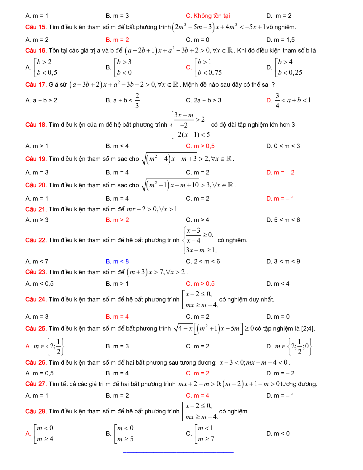 200 Bài tập Bất phương trình - Hệ bất phương trình 2023 có đáp án, chọn lọc (trang 2)