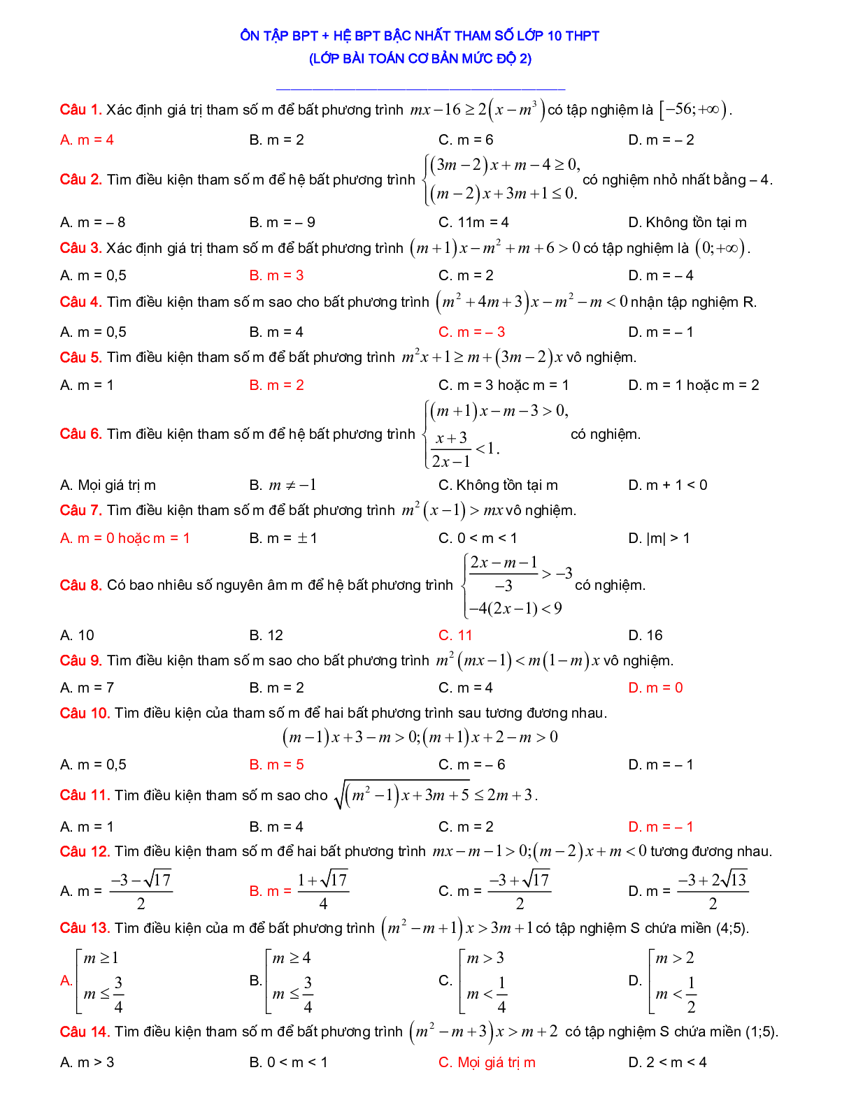 200 Bài tập Bất phương trình - Hệ bất phương trình 2023 có đáp án, chọn lọc (trang 3)