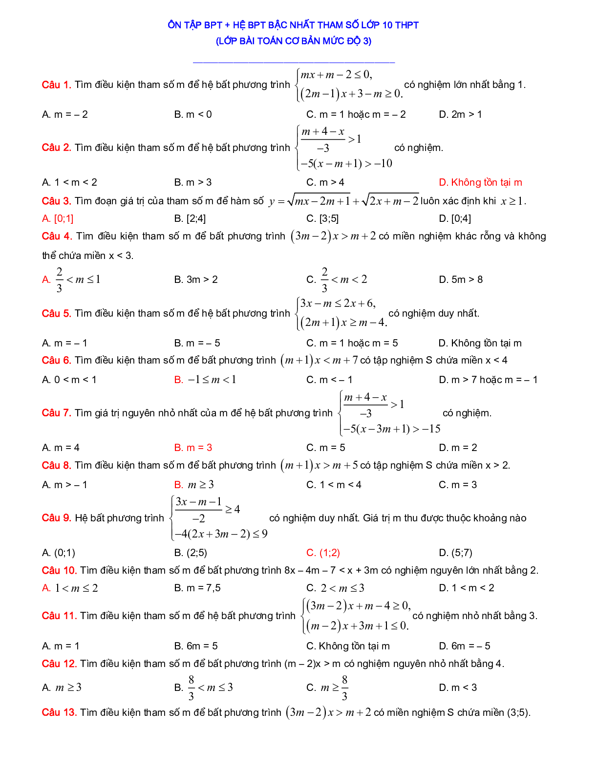 200 Bài tập Bất phương trình - Hệ bất phương trình 2023 có đáp án, chọn lọc (trang 5)
