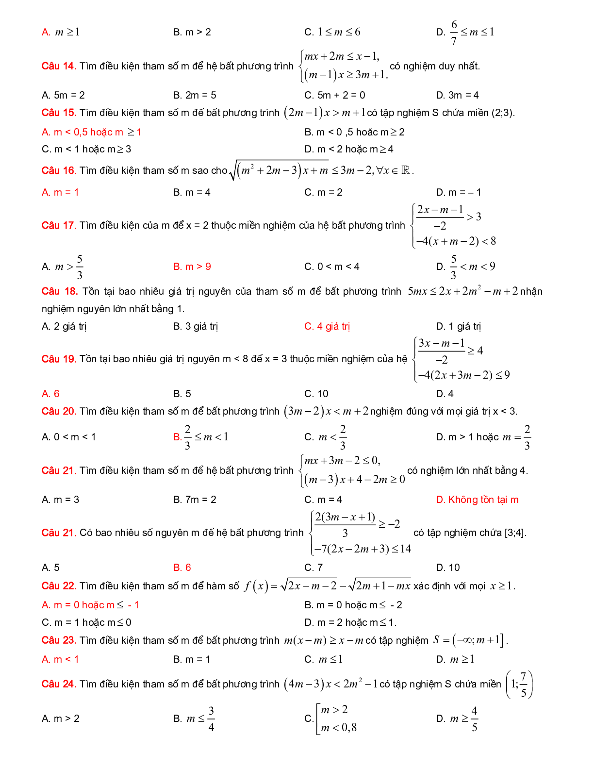 200 Bài tập Bất phương trình - Hệ bất phương trình 2023 có đáp án, chọn lọc (trang 6)