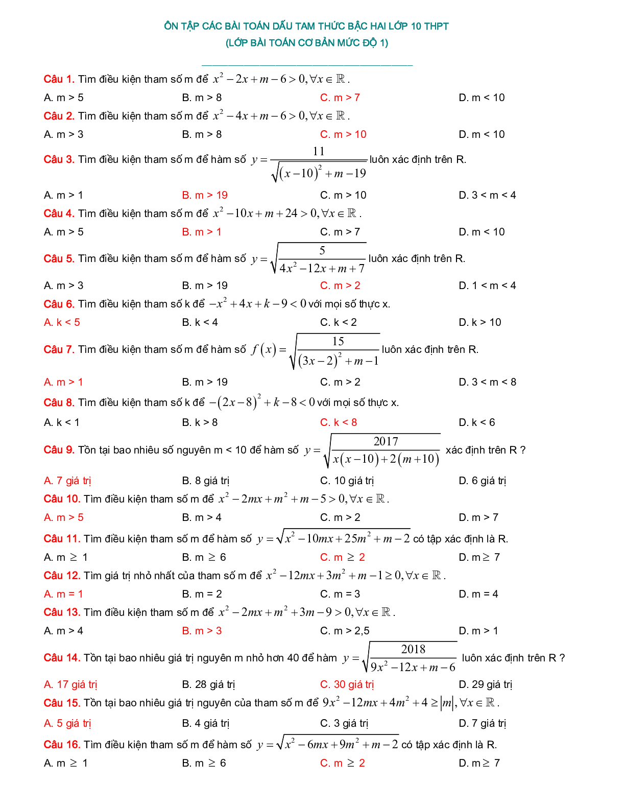 200 Bài tập Bất phương trình - Hệ bất phương trình 2023 có đáp án, chọn lọc (trang 7)