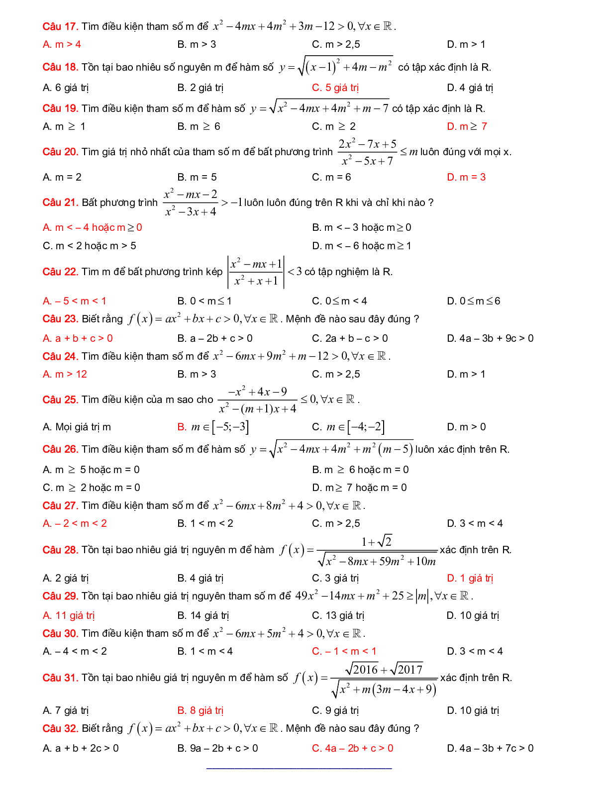 200 Bài tập Bất phương trình - Hệ bất phương trình 2023 có đáp án, chọn lọc (trang 8)