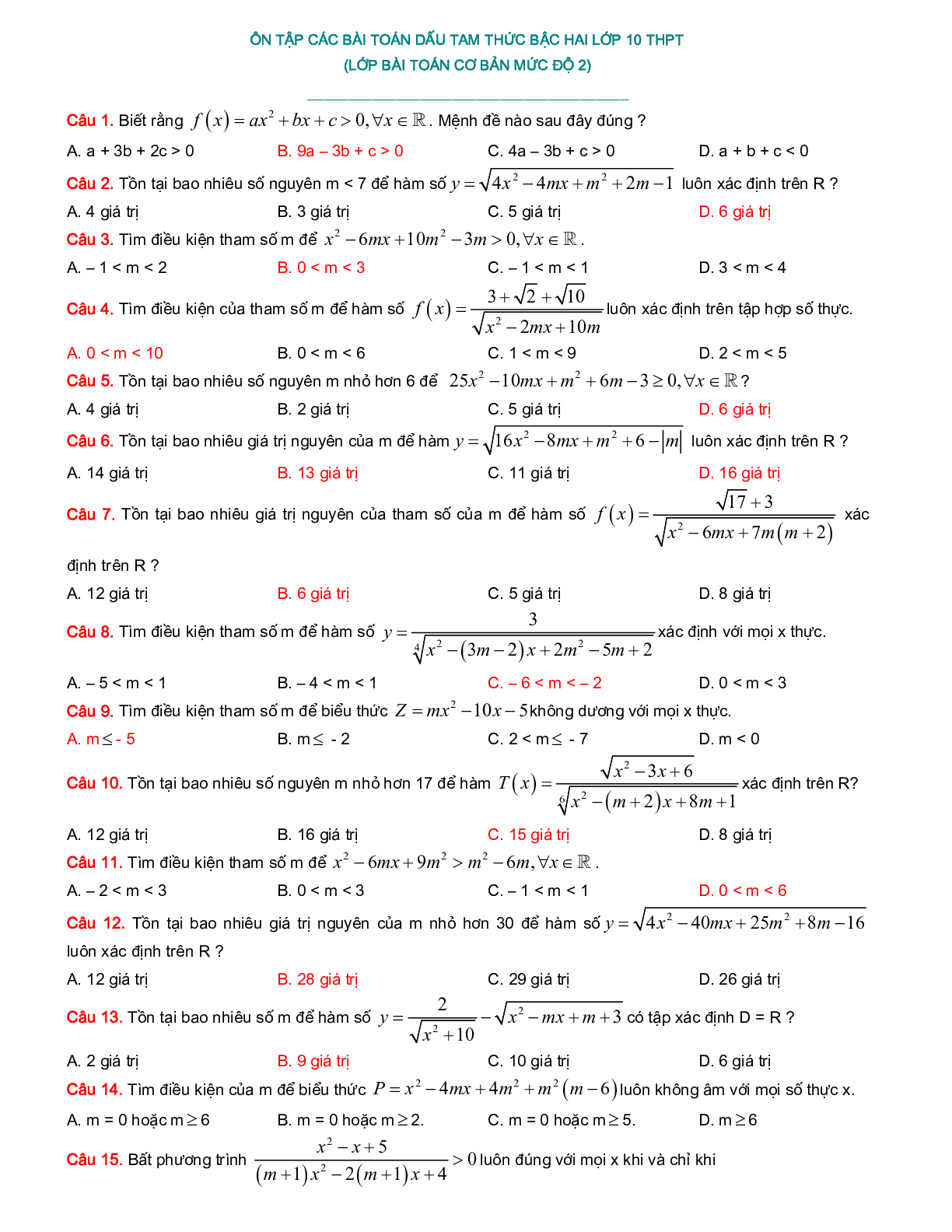 200 Bài tập Bất phương trình - Hệ bất phương trình 2023 có đáp án, chọn lọc (trang 9)
