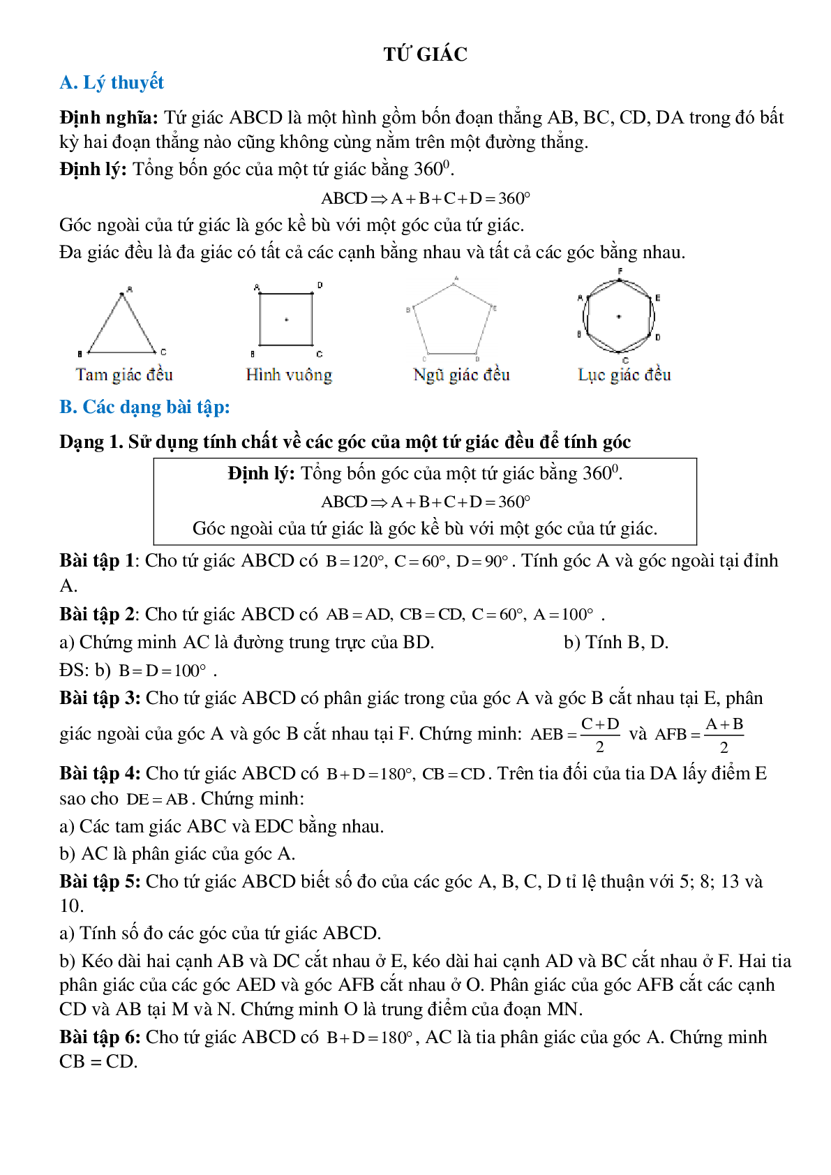 Lý thuyết, bài tập về Tứ giác hình học toán 8 chi tiết, chọn lọc (trang 1)
