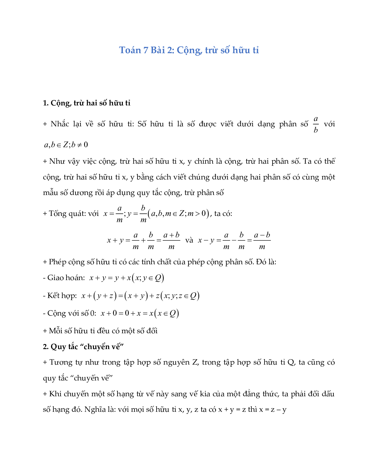 Lý thuyết Toán lớp 7: Cộng, trừ số hữu tỉ (trang 1)