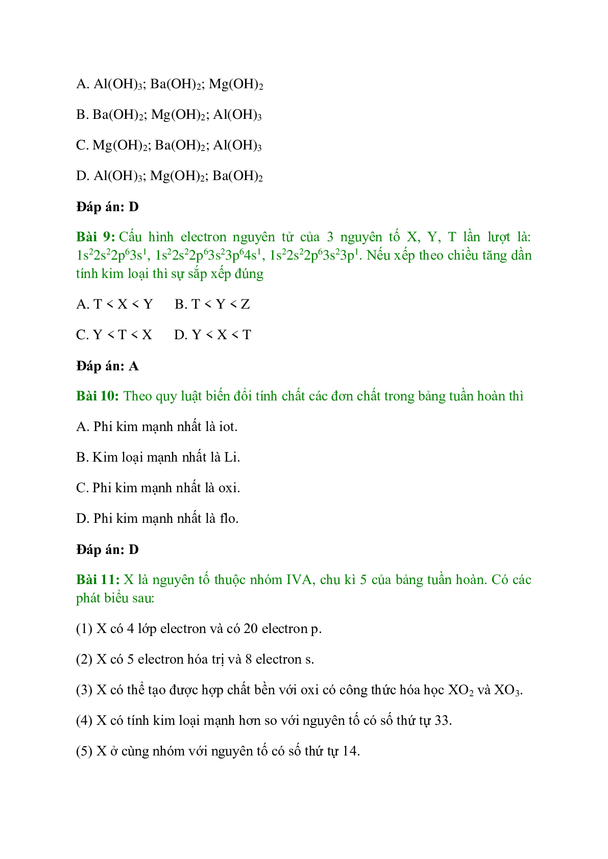 Trắc nghiệm Ý nghĩa của bảng tuần hoàn các nguyên tố hóa học có đáp án - Hóa học 10 (trang 4)