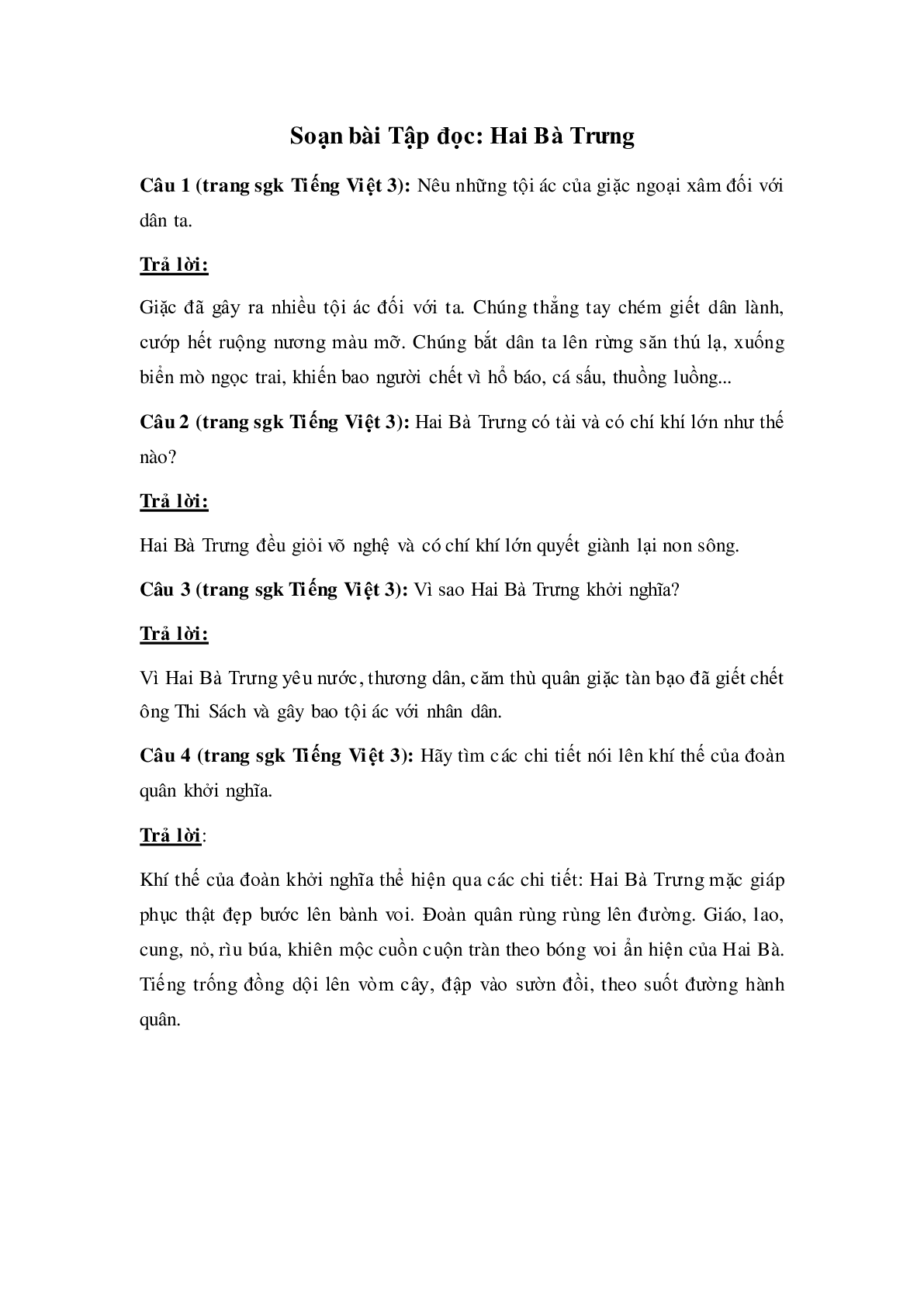 Soạn Tiếng Việt lớp 3: Tập đọc: Hai Bà Trưng mới nhất (trang 1)